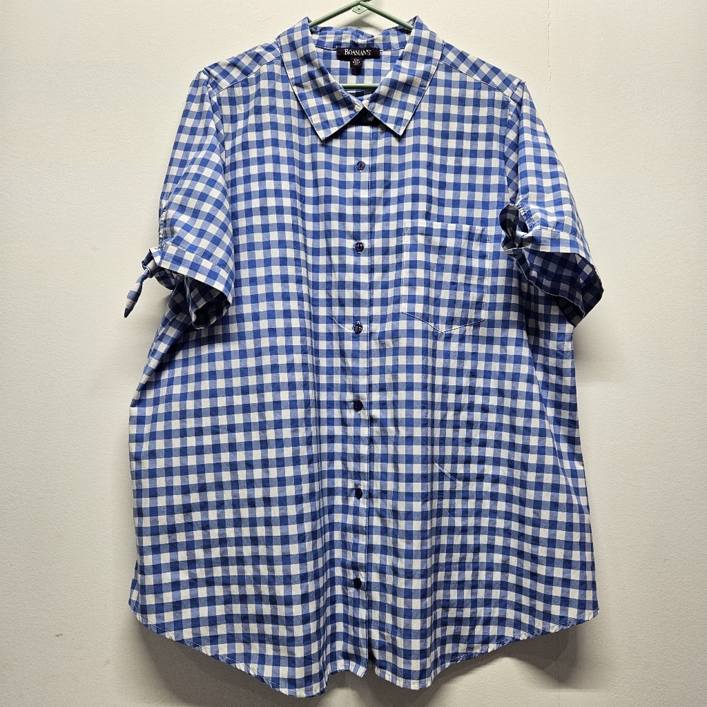 Roaman's Gingham Button Up Shirt Tie Sleeve Detail White Blue Plus 22W Classic